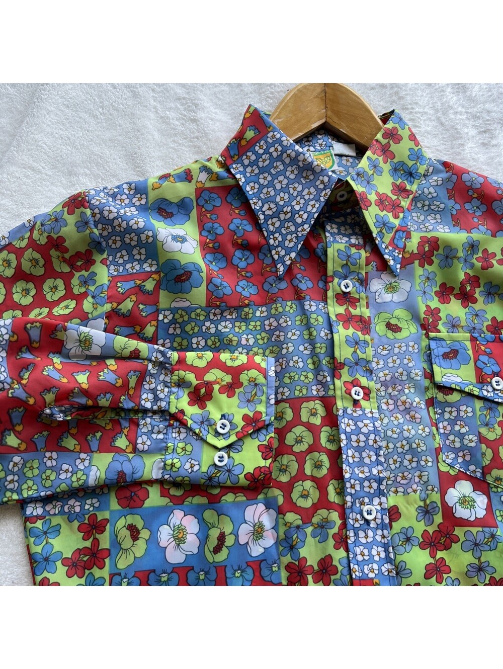 Vintage 1970s SKYR Floral Patchwork Shirt Dagger Collar Mod Disco Groovy Men’s M